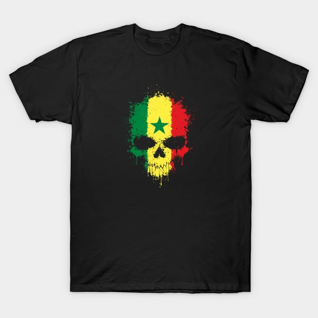 Chaotic Senegal Flag Splatter Skull T-Shirt by jeffbartels
